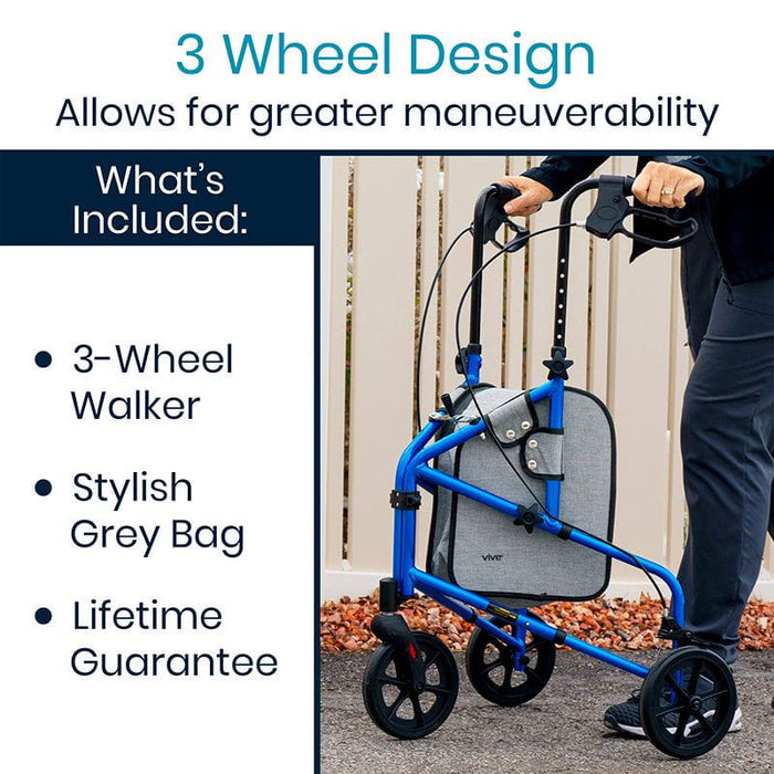 3 Wheel Walker Rollator - Lightweight Foldable Walking Transport - Black - 3-wheel-rollator
